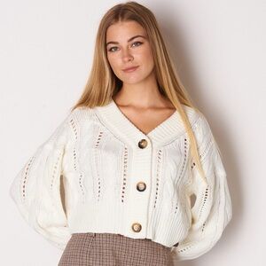 ALMOST FAMOUS Soft White Button-Up Balloon Sleeve Cable Knit Cardigan MEDIUM